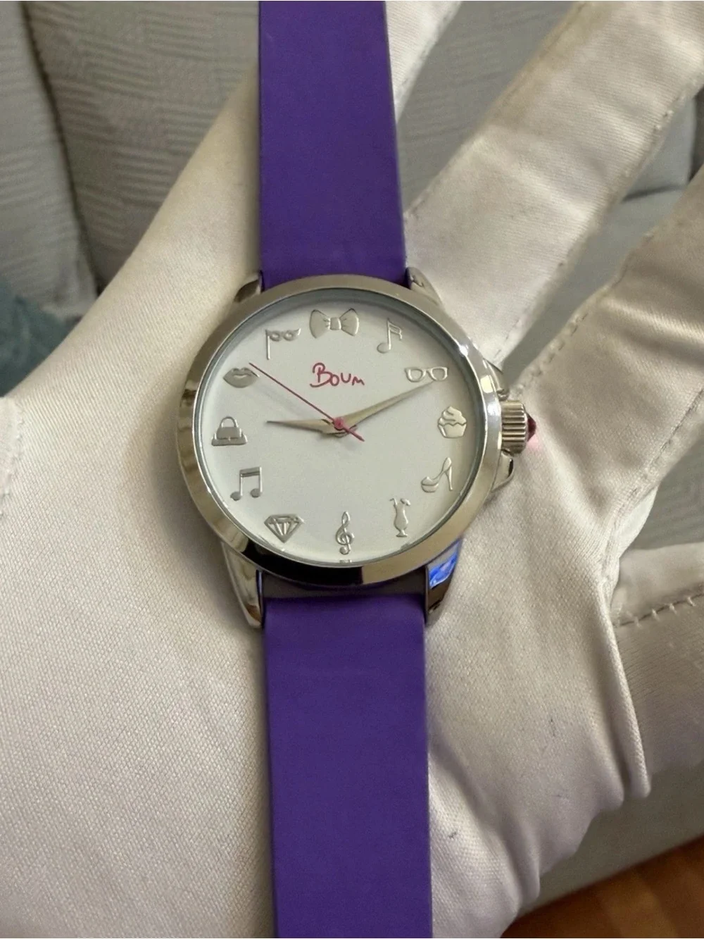BOUM Women's Quartz Watch White Dial Purple Silicone Strap Silver Charms 38mm